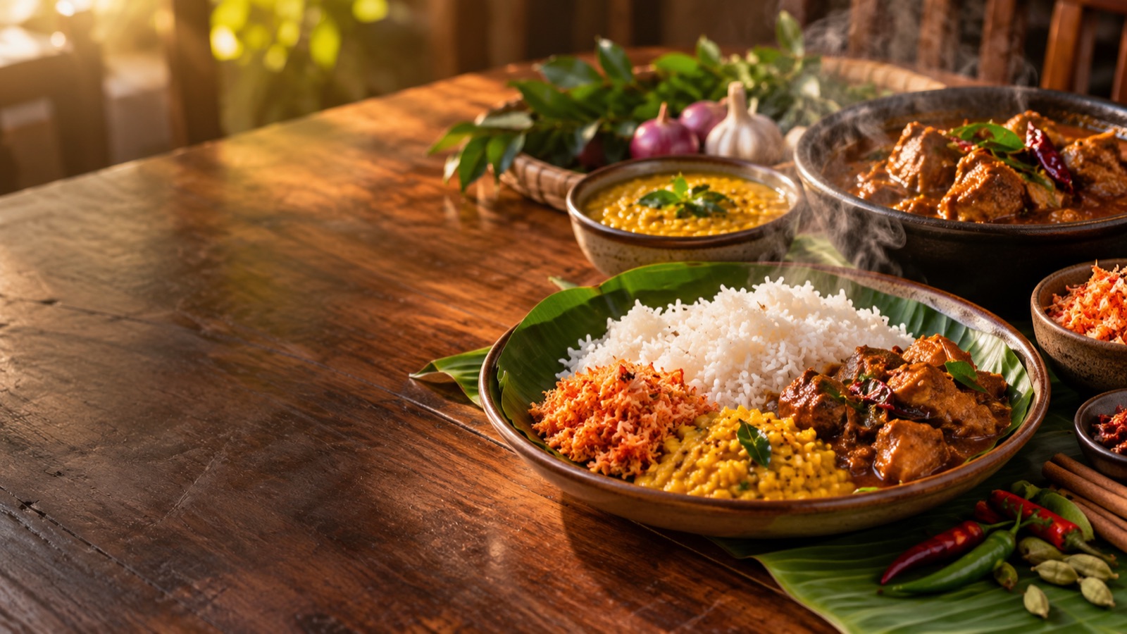 Sri Lankan rice and curry served on a banana leaf, with dhal, sambol and spices